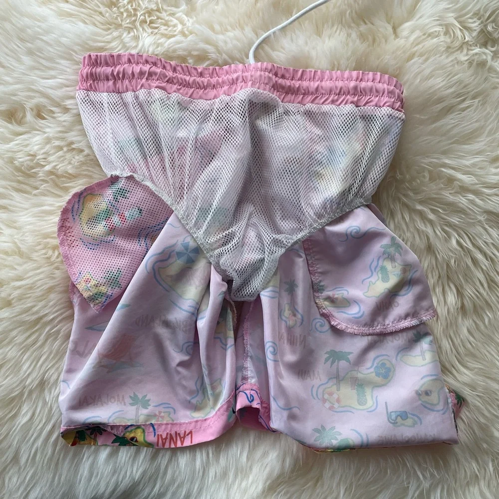 Edgar + Ash Men’s Swim Trunks. Pink with Hawaiian Theme. Size Medium